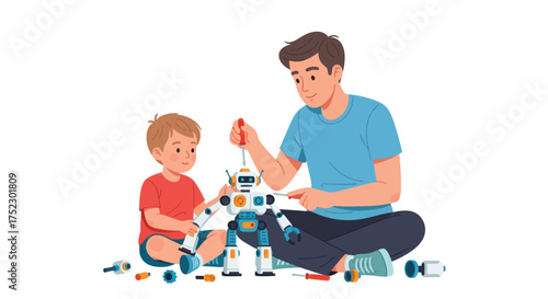 Young father and son building a colorful robot toy learning and playing.
