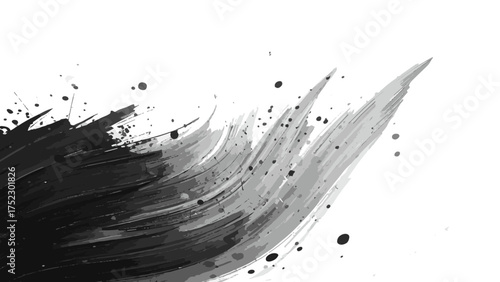 Abstract black and gray ink brush stroke on white background with dynamic sweeping motion and splatter effects. Expressive paint streaks blend black to gray, evoking energy, contrast, and artistic 