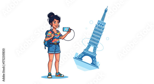 Young Woman Tourist Holding Phone Near Leaning Tower.