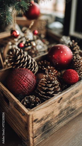 Bright Red and Gold Christmas Ornaments Arranged in a Wooden Box With Pine Co...