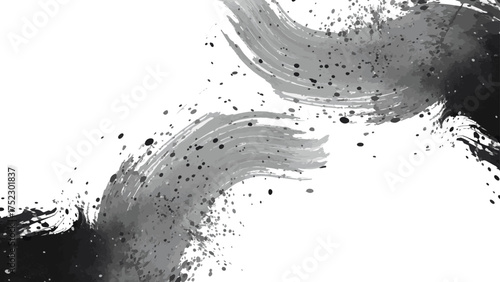Abstract black and gray ink brush stroke on white background with dynamic sweeping motion and splatter effects. Expressive paint streaks blend black to gray, evoking energy, contrast, and artistic 