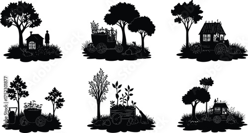 Rural countryside silhouettes, horse carriage illustration, farming tractor design, village hut scene, agriculture icons, traditional lifestyle, eco nature, rustic landscape concept