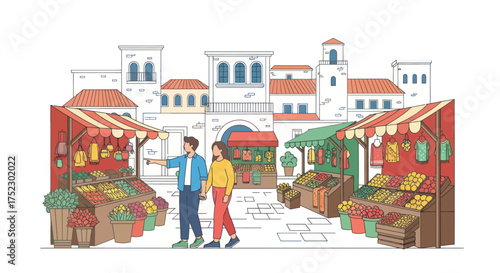 Vibrant Market Scene with Shoppers in a Quaint European Town.