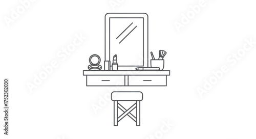 Simple Line Art Illustration of a Vanity Table with Mirror and Stool.