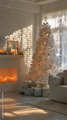 Cozy Holiday Living Room With a Decorated Christmas Tree and Glowing Fireplace