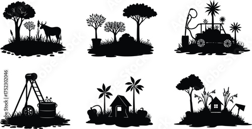 Rural life silhouettes, farming tractor illustration, deer forest scene, tropical hut design, agriculture icons, village house, water well, eco nature concept