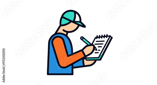 Person in cap writing on notepad with pen illustration.