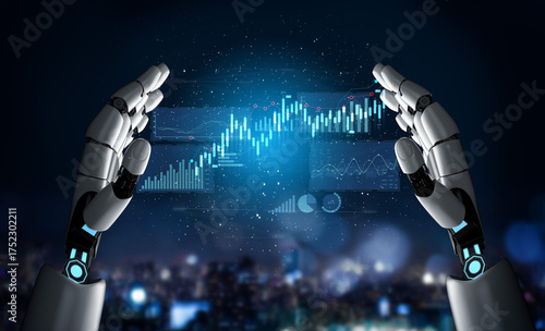 Fotografie Robotic hands manipulate vibrant digital graphs and data displays, symbolizing the integration of technology and finance in a modern urban setting