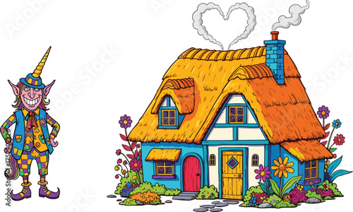 Whimsical elf character and fairy-tale house, colorful cartoon fantasy illustration, magical clipart for kids, storytelling, and creative design use