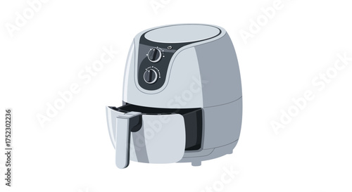 Modern White Air Fryer with Control Knobs and Basket.