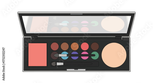 Open Makeup Palette with Eyeshadows Blush and Applicators.