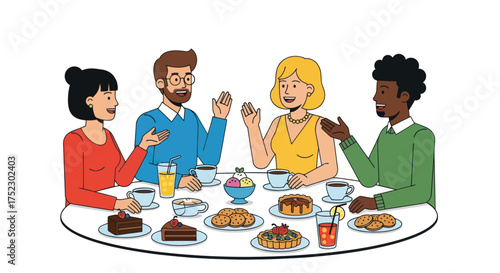 Diverse group of friends enjoying coffee and pastries at a round table.