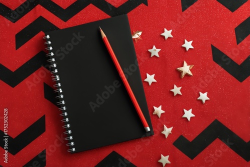 Creative Workspace With Blank Notebook and Pencil on Red Background Decorated...