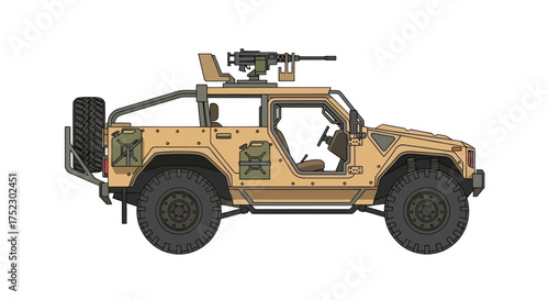Military Humvee with Mounted Weapon System Sand-Colored Vehicle.