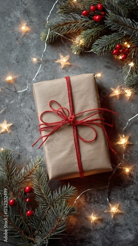 Beautifully Wrapped Gift Surrounded by Festive Decorations and Warm Lights Du...