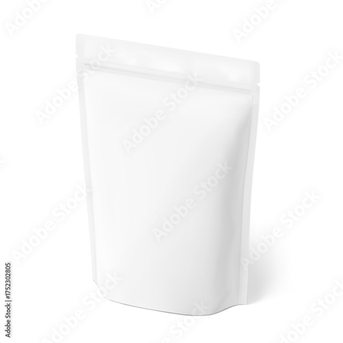 Realistic stand up pouch bag mockup with transparent shadow. Half side view. Vector illustration isolated on white background. Ready for your design. EPS10.
