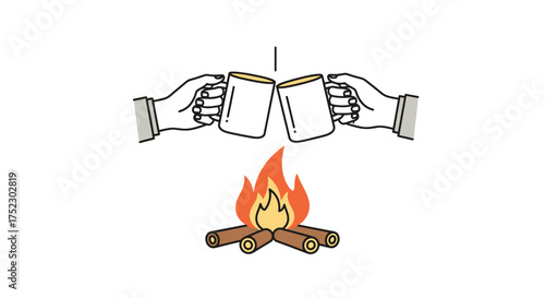 Two hands clinking mugs over a campfire celebrating a moment.