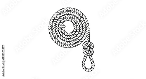 Detailed black and white illustration of a coiled rope with a knot.