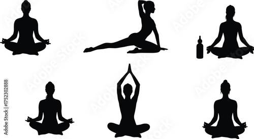 Yoga silhouette illustration, meditation posture, stretching exercise, black vector art, mindfulness practice, seated poses, wellness lifestyle, relaxation design, spiritual balance, fitness concept