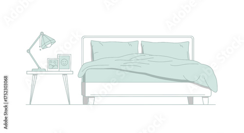 Minimalist Line Art Bedroom Interior with Bed Nightstand and Lamp.