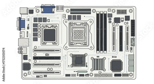 Detailed Motherboard Diagram with CPU Sockets and Expansion Slots.