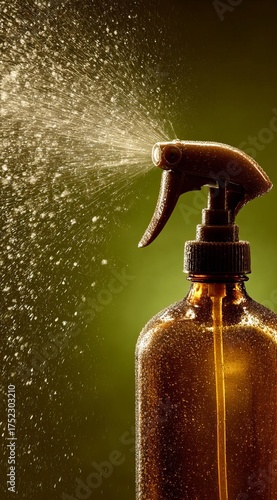 A closeup of a spray bottle emitting a fine mist in a soft green background indicating freshness and cleanliness