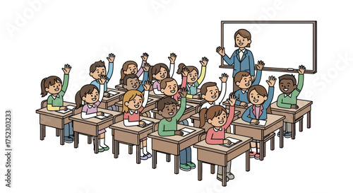 Diverse group of elementary school children raising hands in a classroom with teacher.