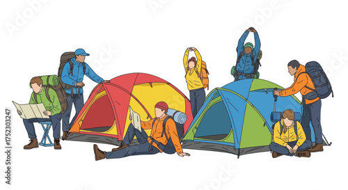 Group of Hikers Camping with Tents Backpacks and Map.