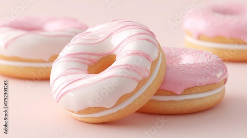 Colorful donuts with pink icing are arranged beautifully against a soft pink background inviting a treat for your taste buds