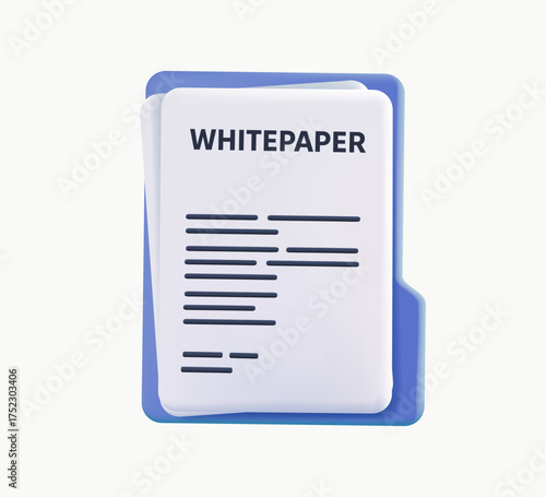 Whitepaper or document 3D render vector icon. Trend invest ico sheet doc isolated on white background. Bitcoin Docs vector Cryptocurrency Business concept