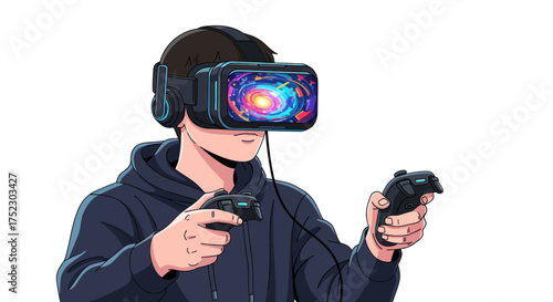Young person immersed in virtual reality game using VR headset and dual controllers.