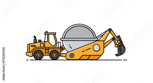 Yellow Construction Road Roller with Extended Arm and Bucket.