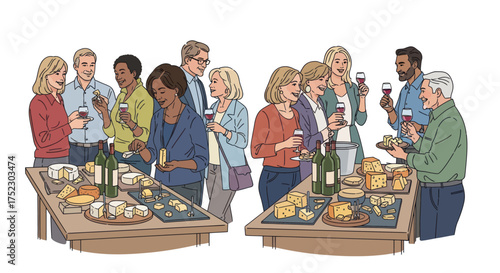 Diverse Group of People Enjoying Wine and Cheese Tasting Event.