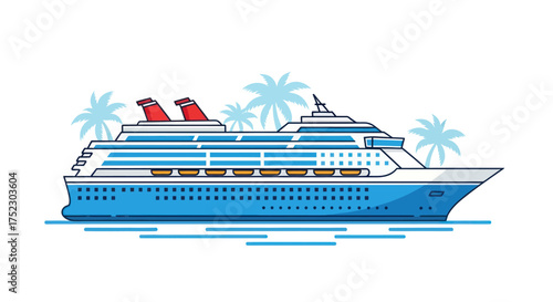 Blue and White Cruise Ship with Red Smokestacks.