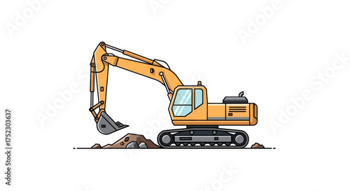 Yellow excavator with a bucket digging into a pile of dirt.