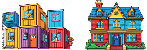 Modern container home vs traditional brick house, colorful cartoon architecture illustration, playful characters, isolated clipart for creative design use