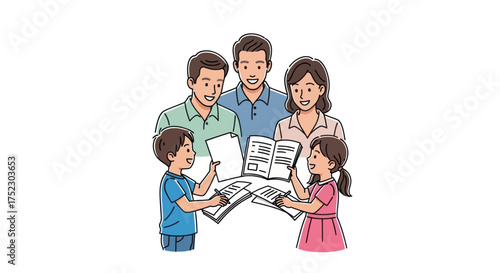 Happy Family Reading Together Parents and Children Engaged in Learning.