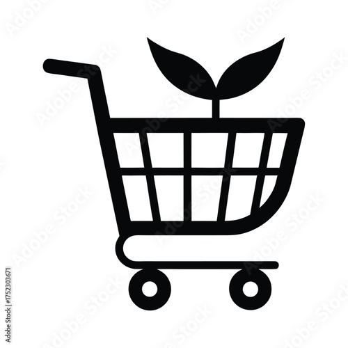 Flat shopping cart with a green leaf sprout and white background
