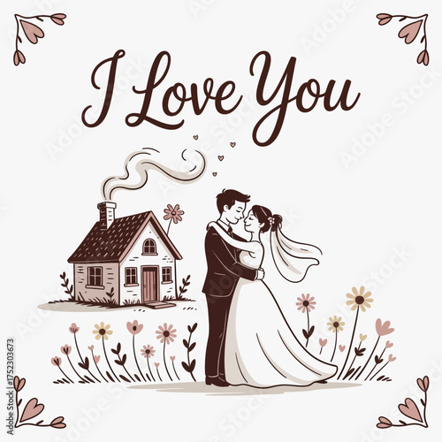 Love's Sanctuary: Capturing the essence of I love you, this heartwarming scene depicts a couple in a loving embrace before their home.