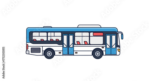 Blue and White City Bus Illustration with Detailed Windows and Wheels.