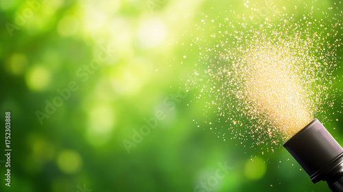 A vibrant spray of sparkling beverage, glistening against a lush green background, evoking refreshment and celebration.