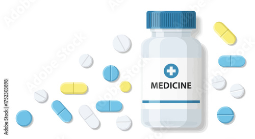 White Medicine Bottle Surrounded by Assorted Colorful Pills and Capsules.