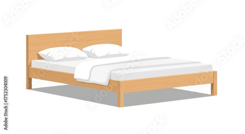Simple Wooden Bed with White Pillows and Bedding.