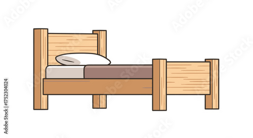 Simple Wooden Bed with Pillow and Bedding Illustration.