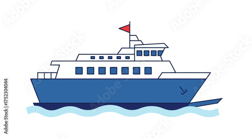 A blue and white passenger ferry boat sailing on wavy blue water.