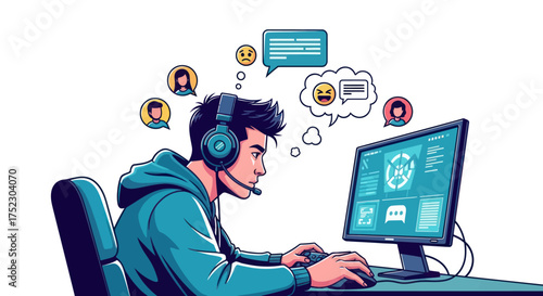 Young Man Gaming with Headset and Computer Chatting.