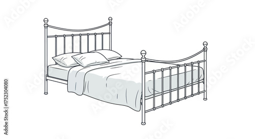Vintage Metal Bed Frame with Headboard and Footboard Detailed Line Art Drawing.