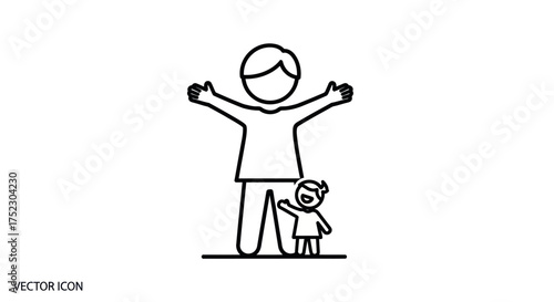 Father and Child Outline Icon: Parent with Arms Outstretched and Small Child.