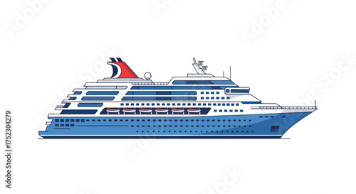 Large blue and white passenger cruise ship with red and black funnel.