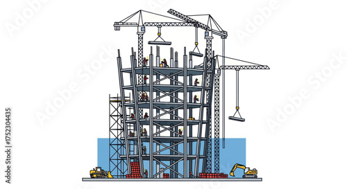 Multi-story building under construction with cranes and workers.